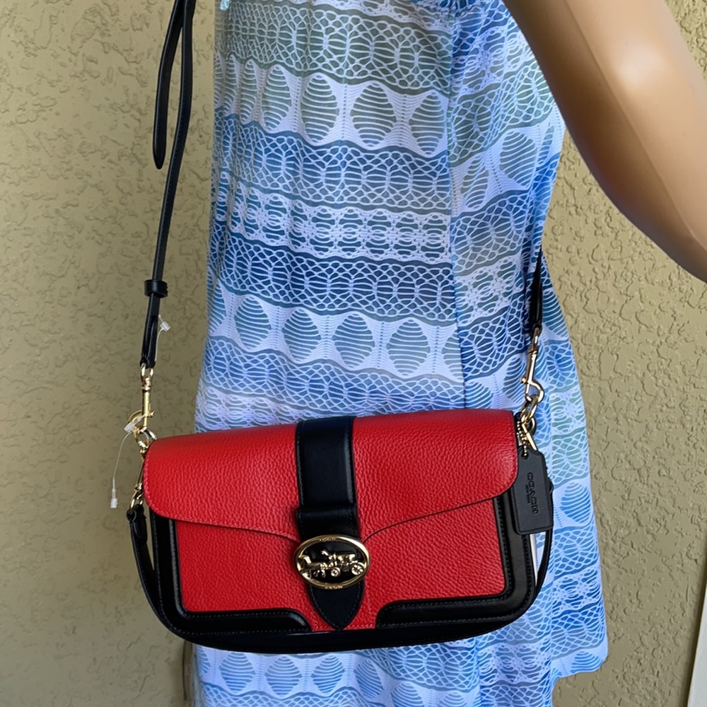COACH Georgie Shoulder Bag In Colorblock Color: Gold/Bright Poppy Multi - Picture 16 of 16